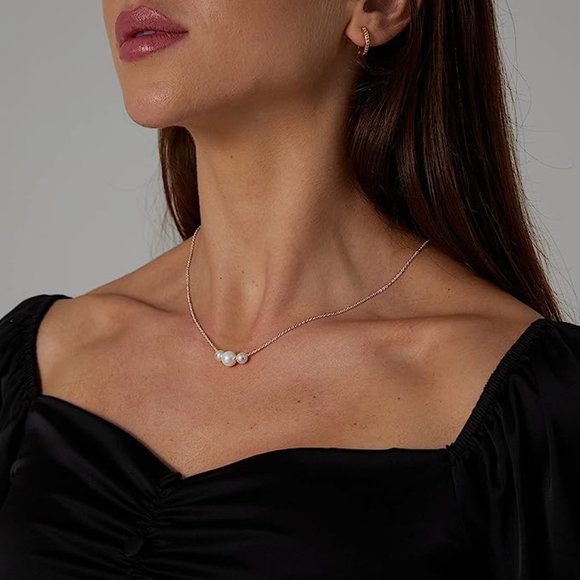 Women 14K Gold Plated Chunky Half Pearl Half Chain Toggle Necklace Minimalist - Picture 5 of 9